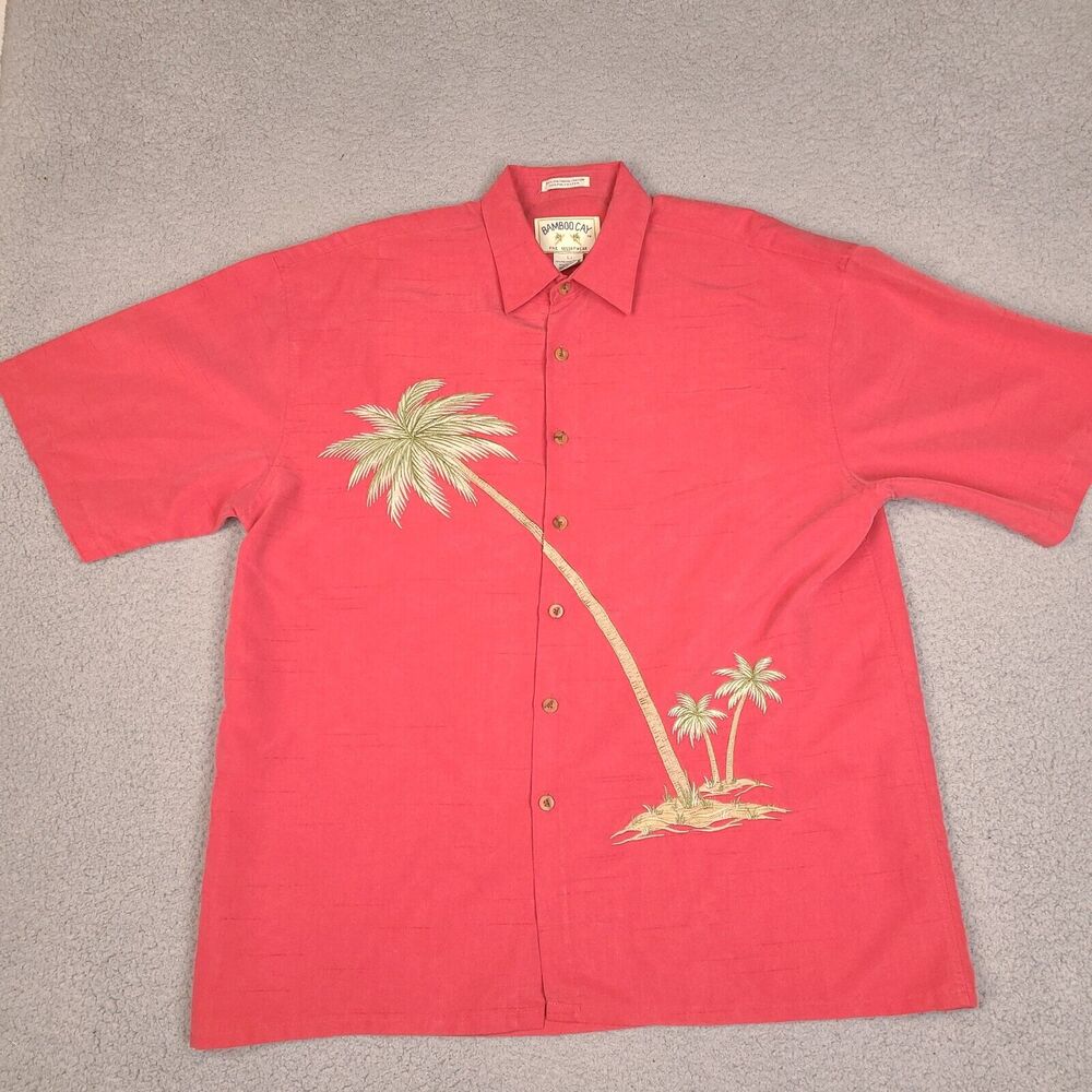 Bamboo Cay‎ Fine Resort-Wear Leaning Palm Tree Mens Large Red Salmon Embroidered